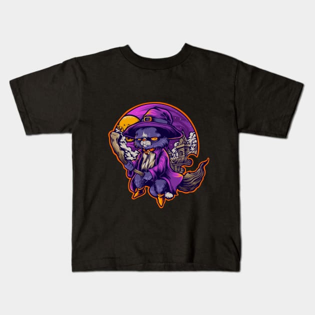 The witch cat Kids T-Shirt by sharukhdesign